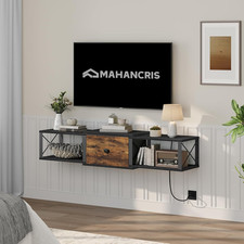 Stylish Floating TV Stand with Power Outlet Storage Drawer, Black/Rustic Brown