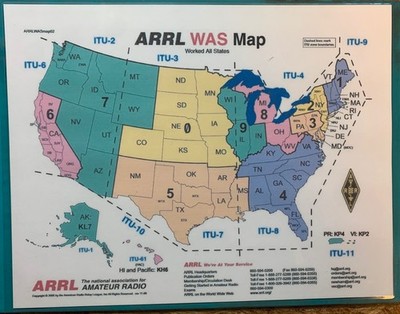 ARRL Worked All States Map & Frequency Chart 5 Mil Laminated CARD STOCK