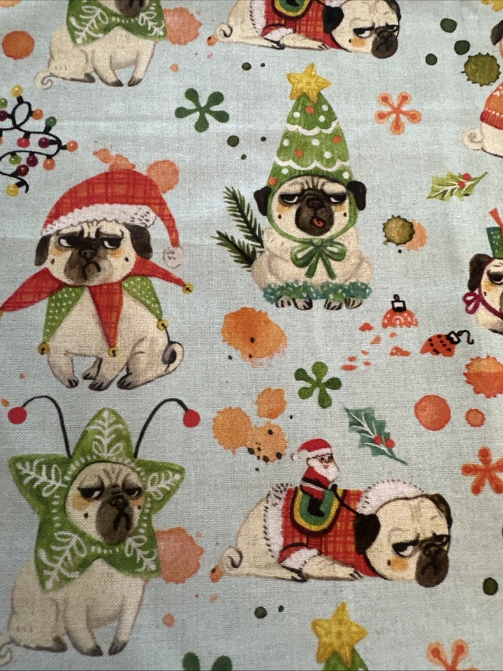 Miriam Bos for Dear Stella Tela Navidad Pug Estampado Algodón 1.5 Yardas Remanente Foto 3 de 4