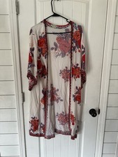 Flying Tomato Kimono Cardigan Women s M/L Cream Floral Long Boho Hippie Festival