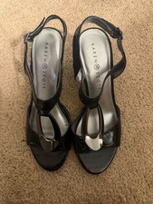 Karen Scott Black Patent Open Toe Heeled Sandals with silver hardware Size 7.5M