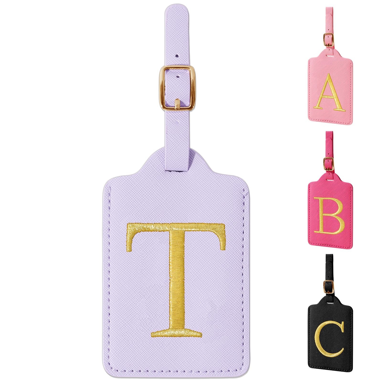 Personalized Initial Luggage Tags for Suitcase, Purple Leather Cute Luggage T...