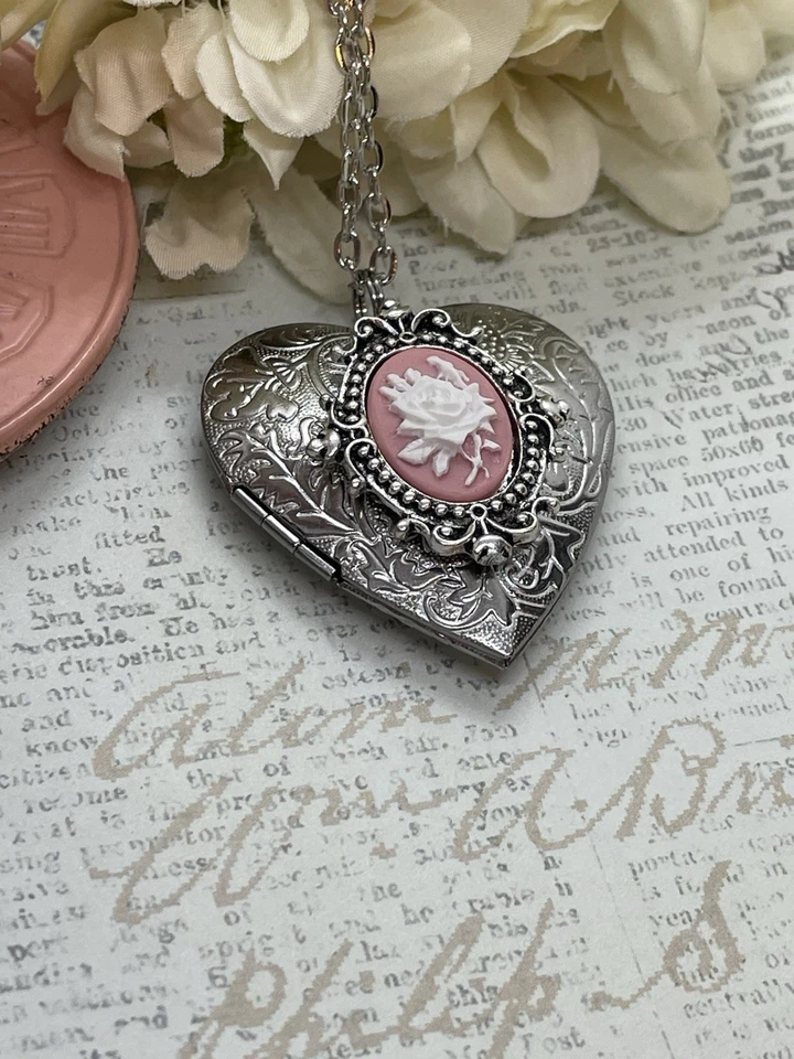 Corazón Plata Rosa y Blanco Encaje Medallón Rosa Collar Foto Novia Boda Novia Foto 4 de 4