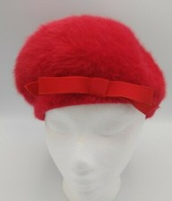 Vintage Red Angora Cloche Beret Hat Kangol Made in England Bow Furgora 20.5"
