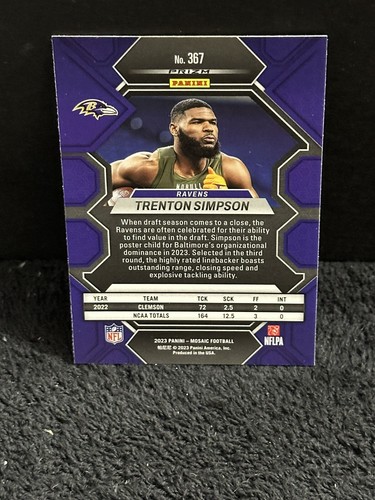 Trenton Simpson 2023 Panini Mosaic Blue Reactive Prizm RC #367 Rookie - Foto 2 di 2