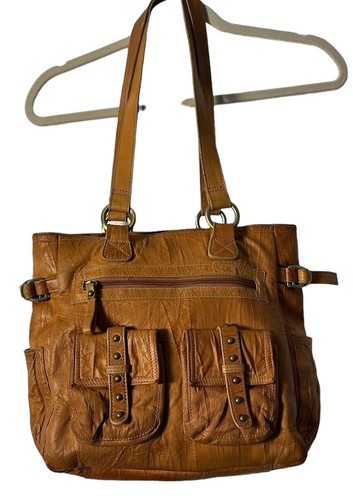 Clarks Leather Satchel Purse Handbag Double Handle Tobacco Brown Multi Pockets