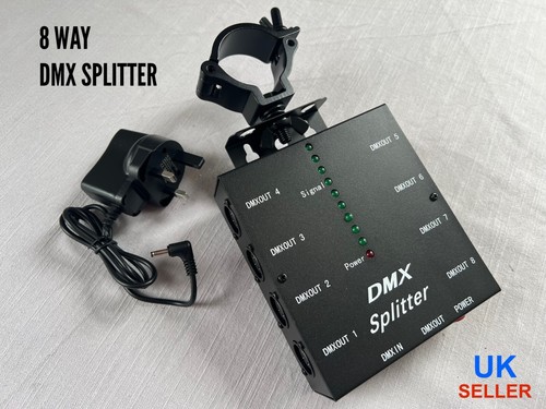 DMX SPLITTER 8 WAY-NEW + PSU & Clamp DMX512 3p XLR THEATRE STAGE LIGHTING TV