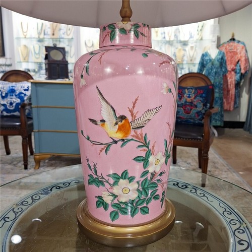 PINK BLUSH BIRD FLORAL GARDEN PORCELAIN TABLE LAMP-19”H - Picture 2 of 8