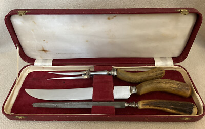 Antique E. M. Dickinson Sheffield England Invicta Stag 3 Pc. Carving Set & Case