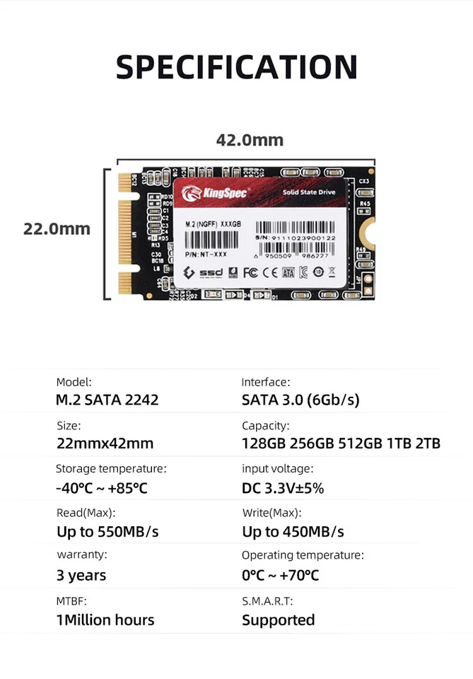 Kingspec M.2 SATA SSD 2242 NGFF Built-In Solid-State Drive Sata III 6Gb/S - Image 4 of 4