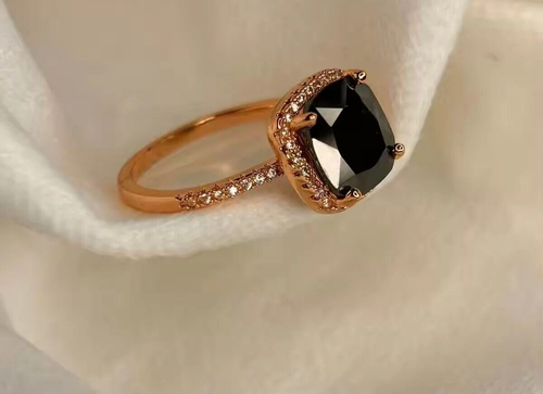 2CT Cushion Cut Lab-Created Black Diamond Engagement Ring 14K Rose Gold Plated - 第 2/7 張圖片