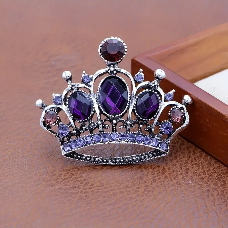 Elegant Purple Rhinestone Inlay Crown Brooch Pin Men Women Fashion Gift Unique