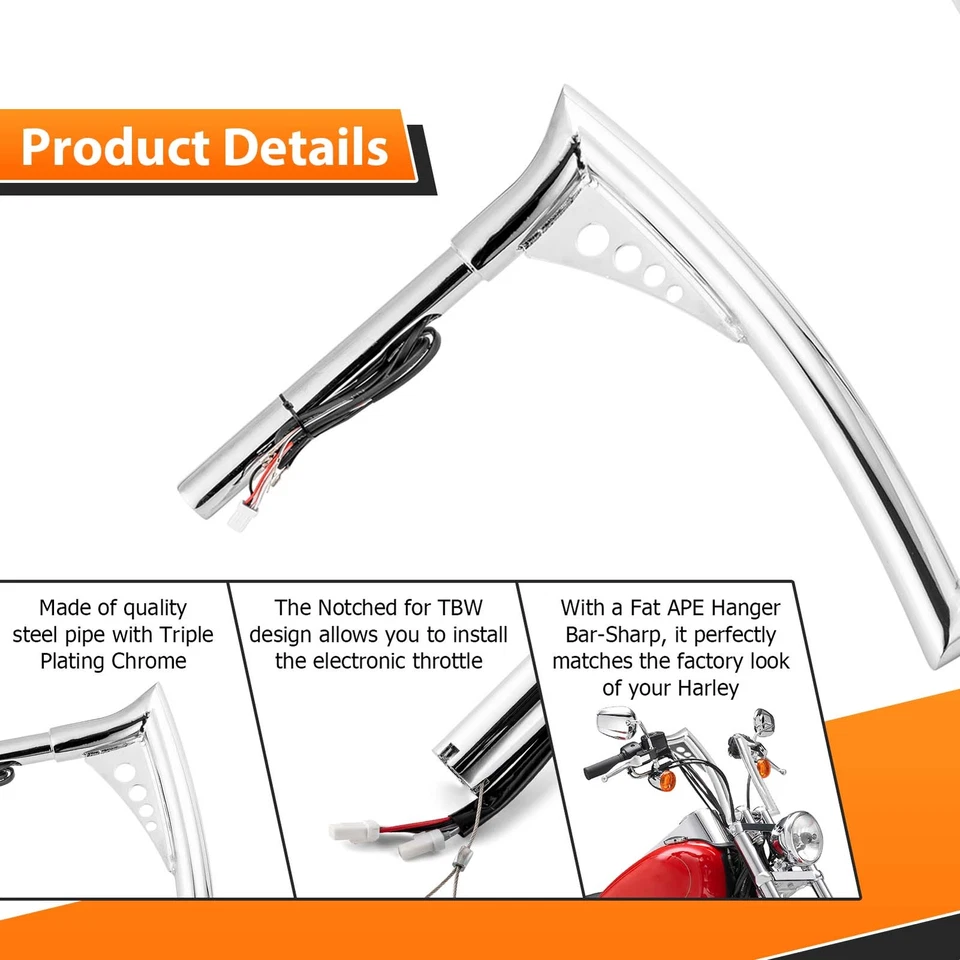 Manillar colgante Meathook Ape precableado de 14" para Harley Sportster Dyna Road King Foto 4 de 4