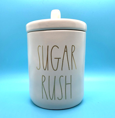 Rae Dunn SUGAR RUSH Canister with LID Gold Words 7'' New in BOX Cookies Candy Jar
