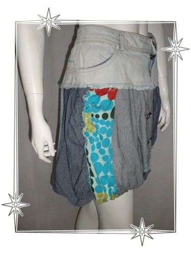 A - Jupe Fantaisie Courte Boule Jean Patchwork Desigual Taille 34 - Imagen 3 de 10