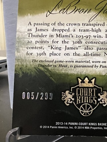 2013-14 Court Kings Performance Art #6 Lebron James Gm Worn Patch 005/299 - Picture 3 of 3
