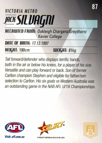 2015 Carlton Blues AFL Select Future Force Rookie Card - Jack Silvagni - Picture 2 of 3