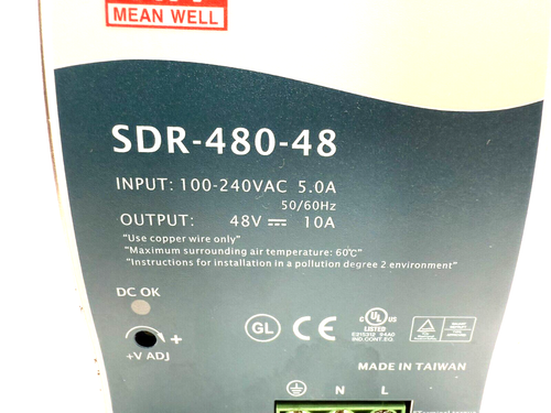 MeanWell SDR-480-48 DIN 100-240VAC Power Supply 48VDC 10A, 48V 10A, 480 Watts - Picture 4 of 4
