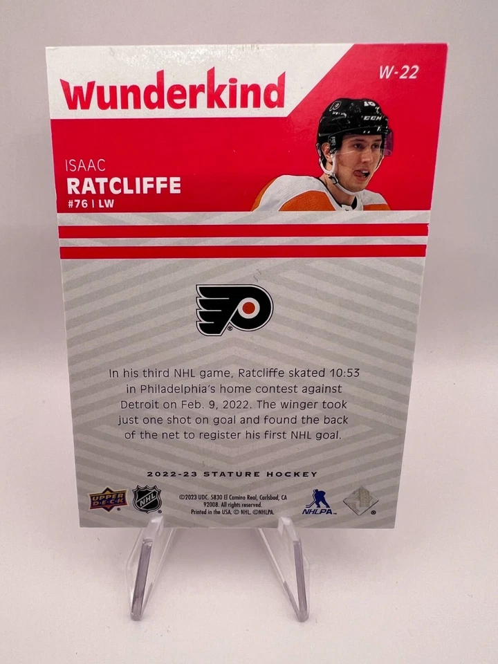 Isaac Ratcliffe 2022-23 Upper Deck Stature Wunderkind #W-22 Red /75 Flyers RC SP - Image 3 of 3