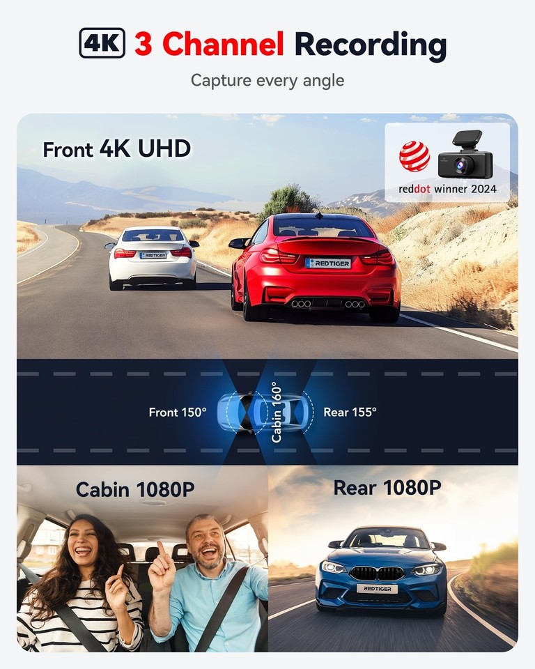 REDTIGER 4K 3 Channel Dash Cam, 5GHz WiFi Built-in GPS, 64GB Card