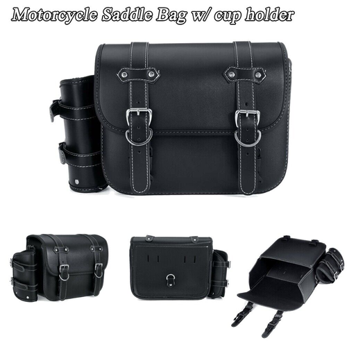 Motorcycle PU Leather Saddlebags W/ Water Cup Holder For Dyna Sportster 883 1200 - Picture 4 of 12