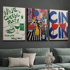 3- piece set vintage wine and cheese party art prints- Framed retro bar cart dec