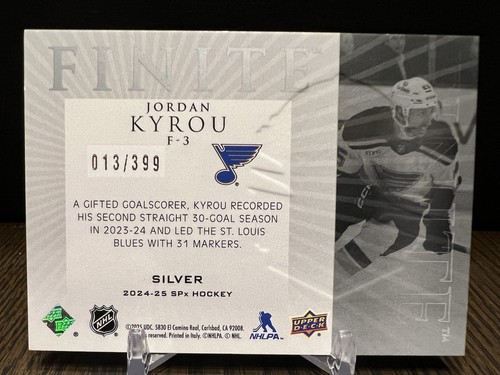 Jordan Kyrou 2024-25 SPx Finite Silver /399 #F-3 St. Louis Blues - 第 2/2 張圖片