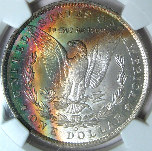 1885-O RAINBOW TONED MORGAN SILVER DOLLAR~NGC MS64*STAR~COLORFUL REVERSE TONING*