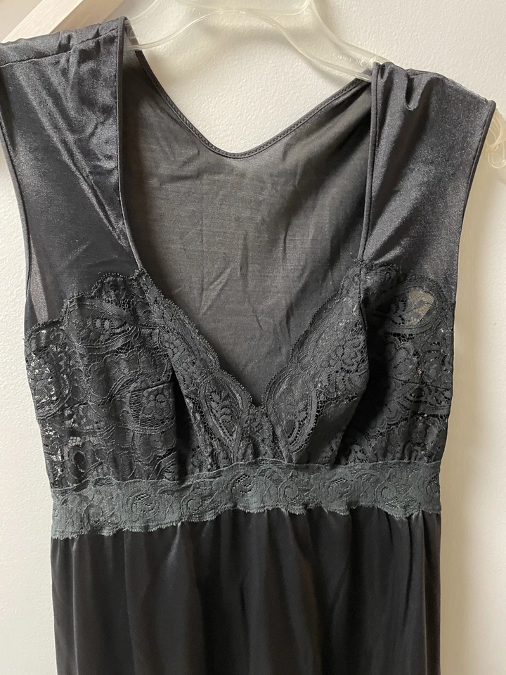 Camisón Olga Vintage Barrido Completo Nylon Sedoso Encaje, Negro XL Foto 2 de 4