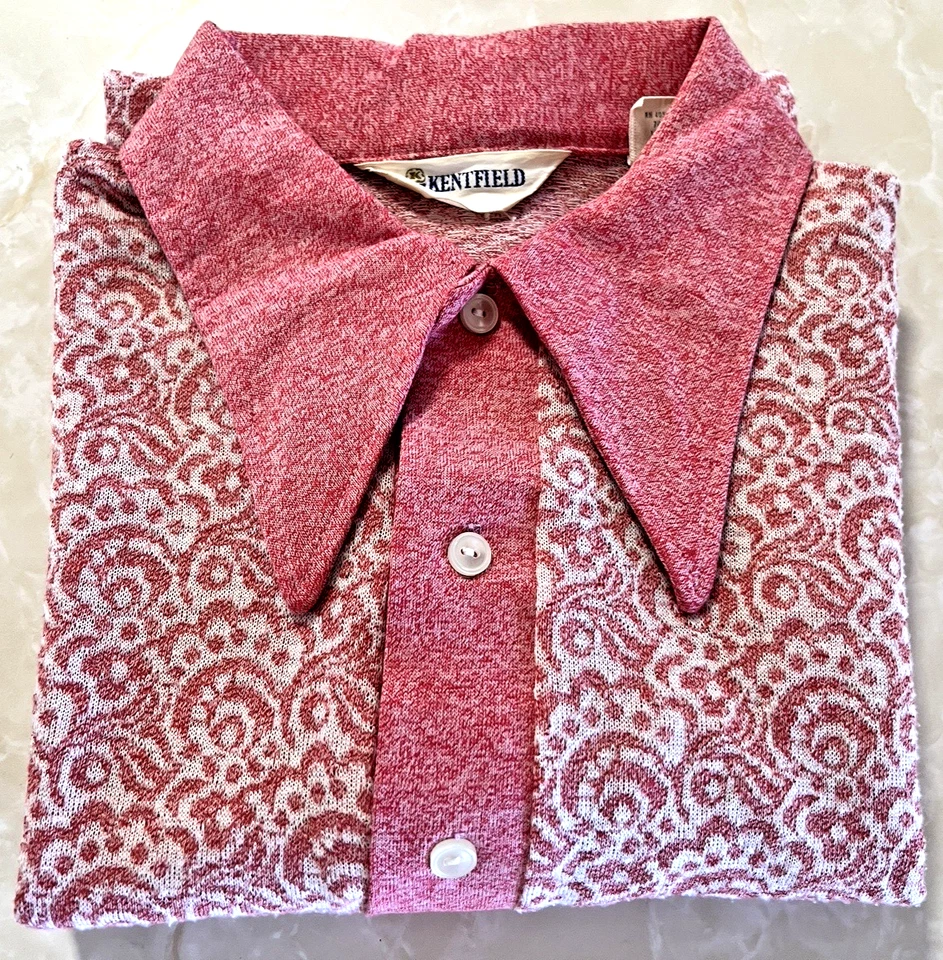 Vtg 1960's DISCO Polo Shirt Kentfield Deadstock Large PINK TEXTURED BIG COLLAR - Image 2 of 4