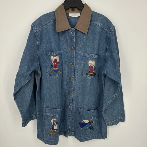 VETEMENTS Giacca jeans Christopher & Banks donna taglia grande blu denim angeli ricamata