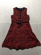 Tommy Hilfiger Dress Womens 12 Red Black Floral Tied Waist Crew Neck