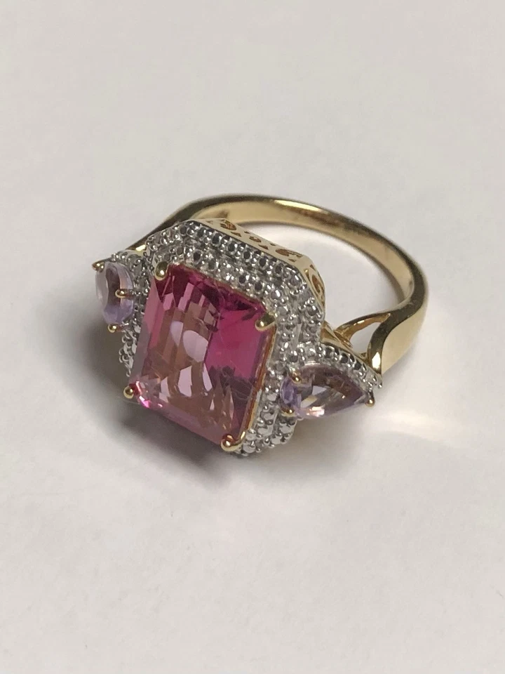 Кольцо с розовым топазом и белым цирзоном — позолота 925 пробы, размер 54 (США 7) - Изображение 2 из 4
