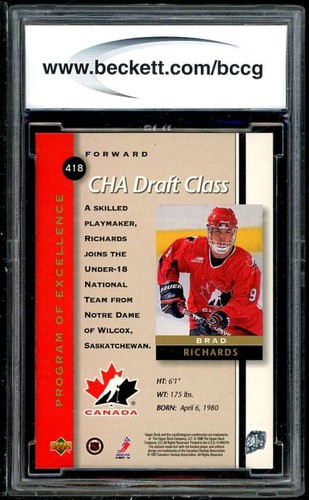 Brad Richards Rookie Card 1997-98 Upper Deck #418 BGS BCCG 9 (Read Description) - Picture 2 of 2