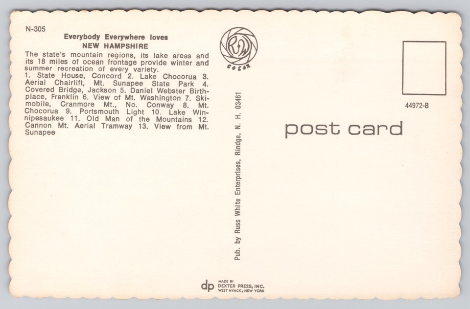 New Hampshire State Pictoral Map, Landmarks & Attractions, Vintage