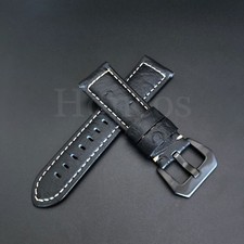 24 MM Ostrich Black Leather Watch Band Strap Clasp fits for Panerai Black Buckle