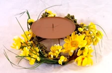 Yellow Daisy Faux Flower Wreath Pillar Candle Pedestal Holder Table Centerpiece