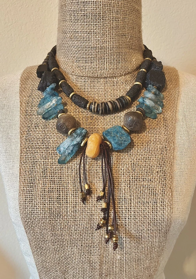 Collar Tribal Boho Asimétrico Apatita, Cuarzo, Turmalina, Ámbar Foto 3 de 4