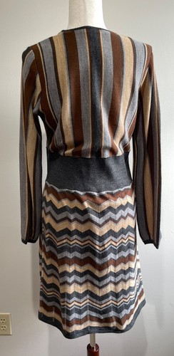 New Directions Sweater Dress Womens M V-Neck Wrap Brown/Gray Stripe - Picture 2 of 8