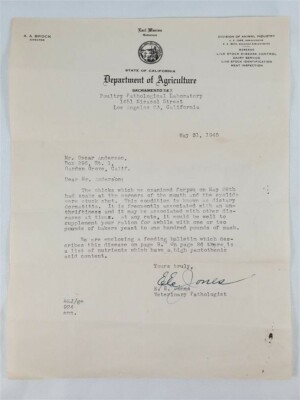 State of California Department of Agriculture Letterhead 1945 Gov. Earl Warren