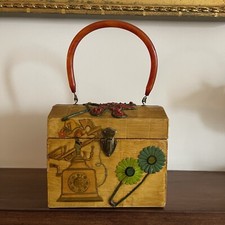Vintage Decoupage Wood Handbag Purse Lucite Handle Bon Bon 1960  s 1970  s