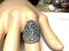 Vintage Sterling Silver 925 Large Filigree Ring Marcasite Accents SZ 8 5.7 Grams