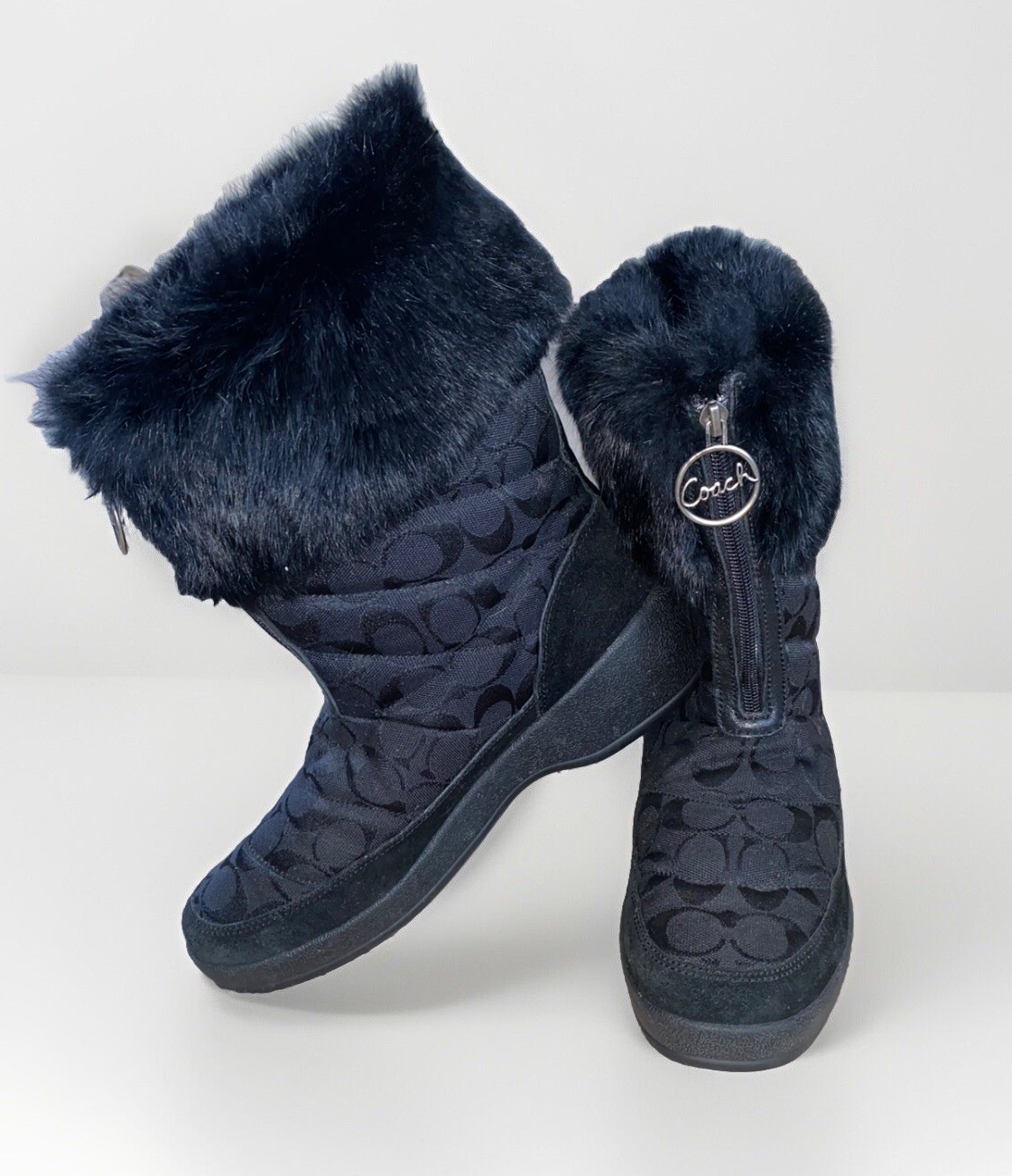 Y2K COACH Black Signature Monogram Suede Snow Boots w/Rabbit Fur Trim | 10 Women