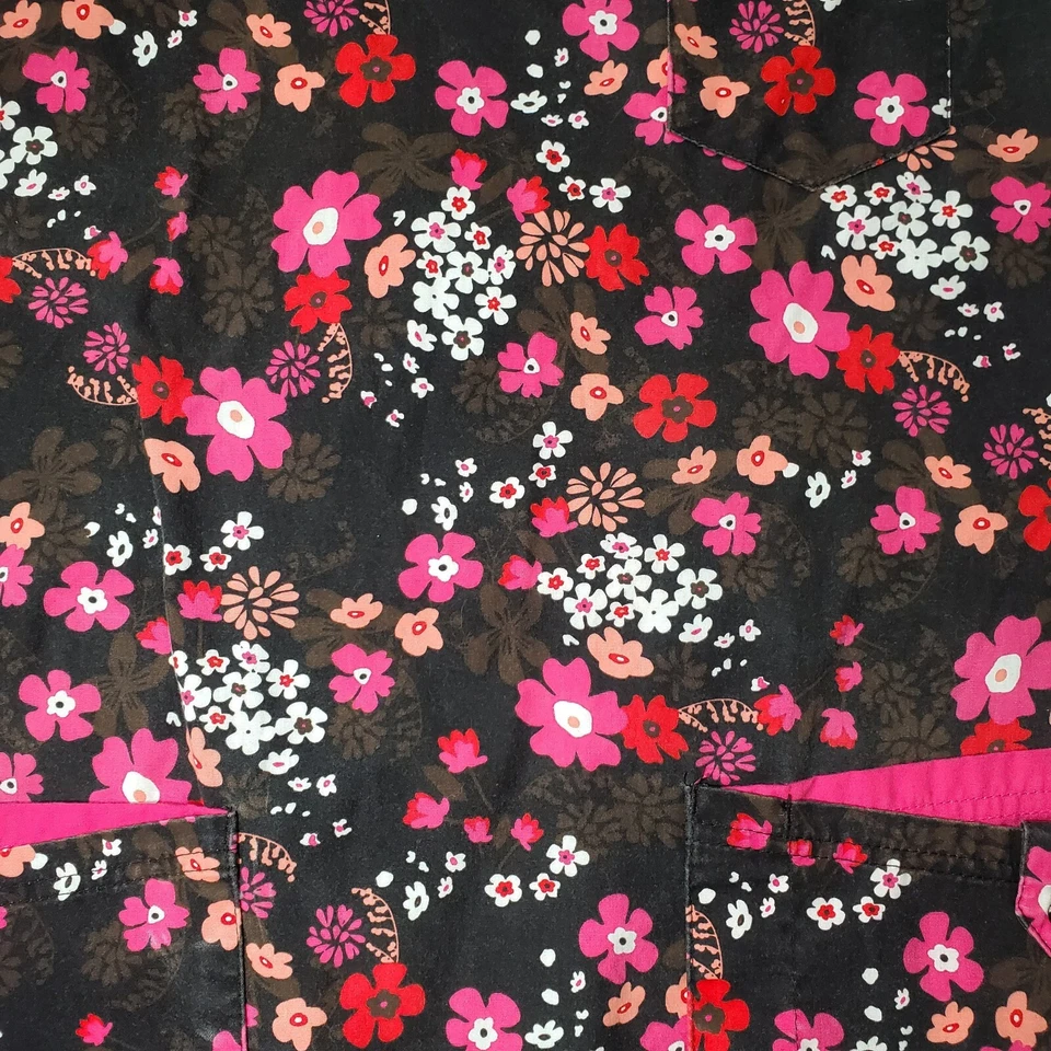 UA Scrubs Red, Pink, Orange, and Brown Flowers Small Black Scrub Top - Image 3 of 4