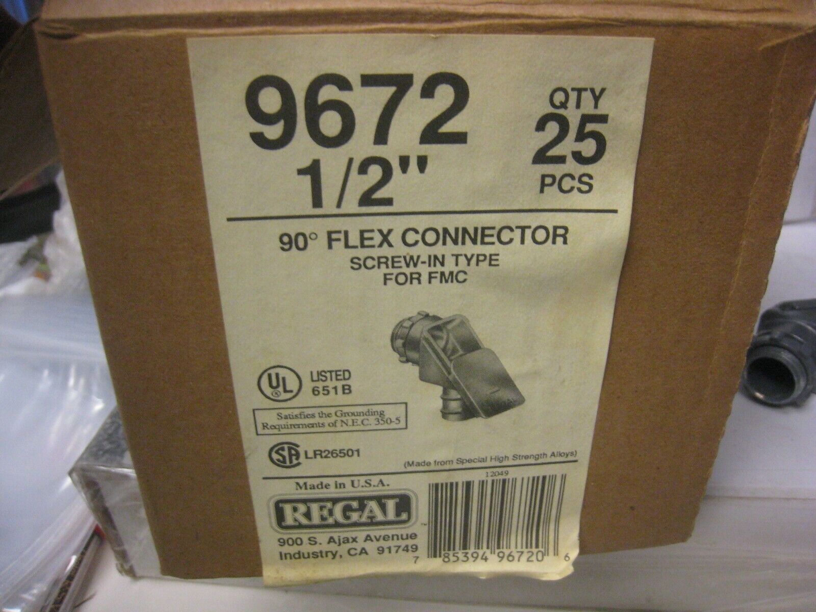 25 PACK REGAL 9672 90 DEGREE 1/2" FLEX CONNECTOR SCREW-IN 