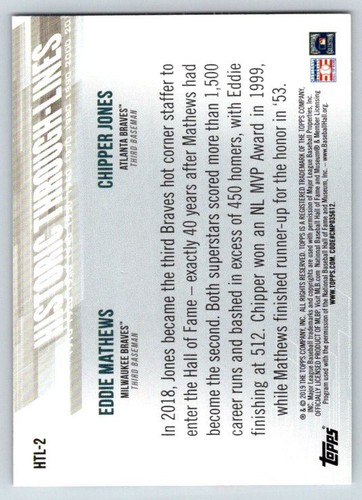 2019 Topps #HTL-2 Chipper Jones / Eddie Mathews Historic Through-Lines Very good - Picture 2 of 2