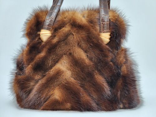 Paola Del Lungo Nerz Pelz Braun Leder Tasche Made In Italy - Bild 3 von 18