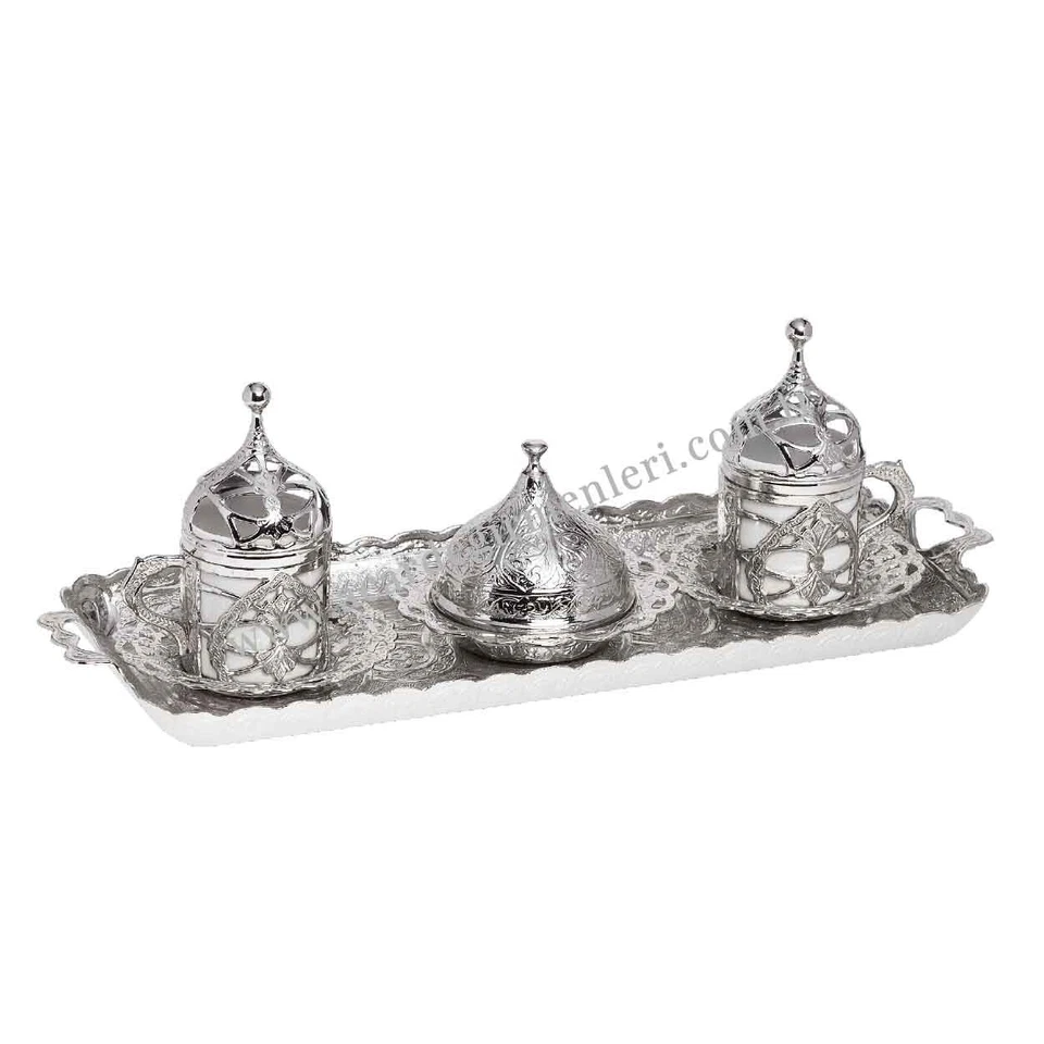 Elegante juego de tazas de café color plata con azucarero, diseño tradicional turco Foto 2 de 4