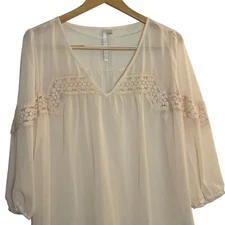 LC Lauren Conrad Sheer Beige Lace 3/4 Sleeve Blouse V Neck Large Cottagecore