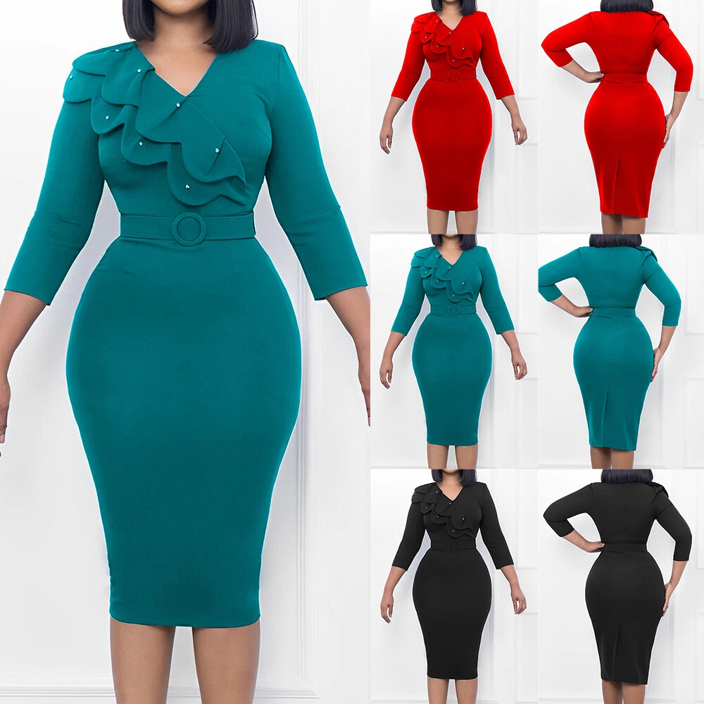 Women s Warp V Neck Long Sleeve Bodycon Dress OL Ladies Casual